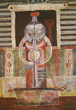 Man and a Slit-gong drum - Painting by lez Niepo